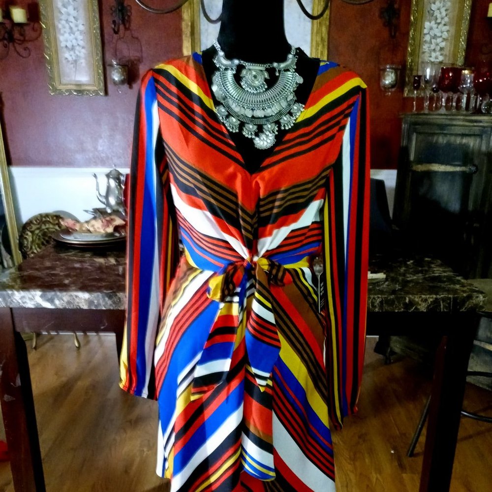 Cute Multi-Colored faux wrap around midi dress